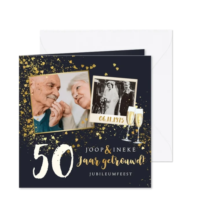 Stijlvolle jubileumkaart goudfolie champagne confetti hart