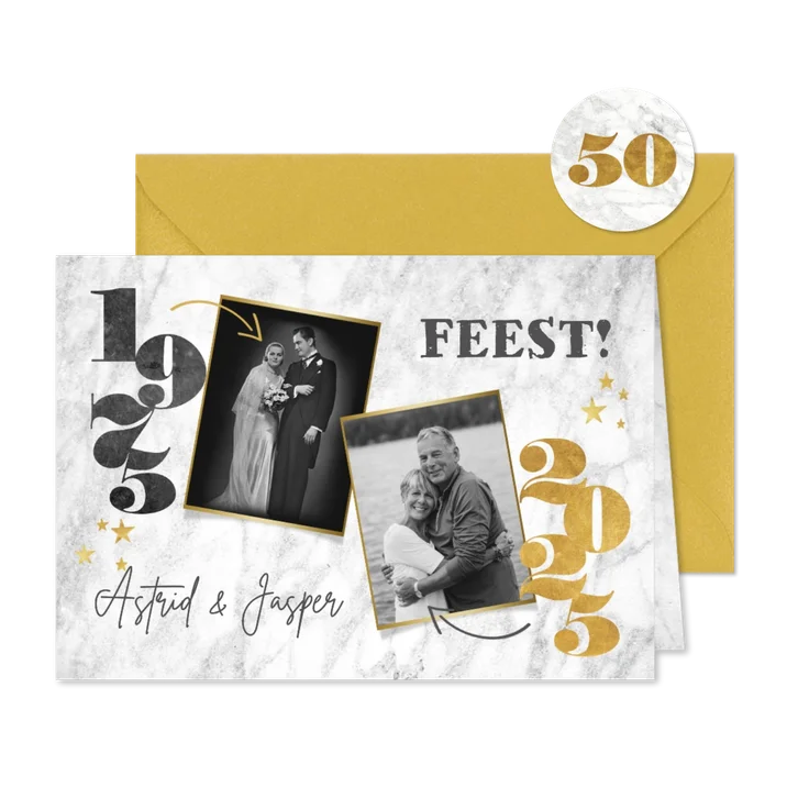Stijlvolle jubileumkaart met jaartallen, marmer en foto's