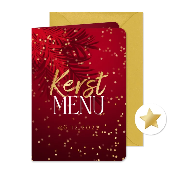 Stijlvolle kaart kerstmenu botanische bladeren sterren goud