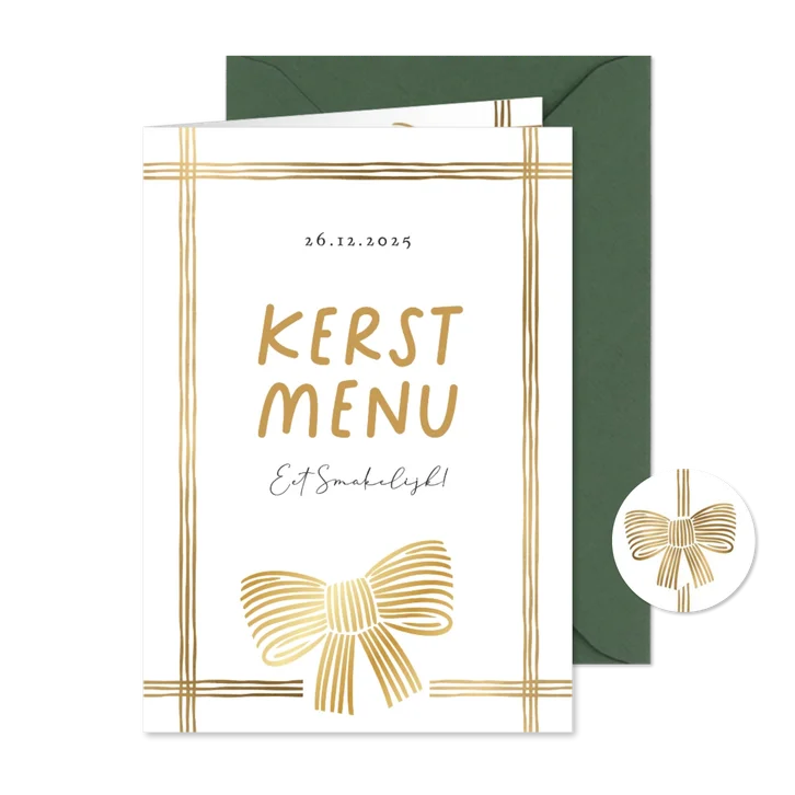 Stijlvolle kaart kerstmenu strik lint goud minimalistisch