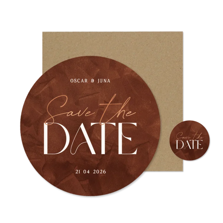 Stijlvolle kaart save the date roestbruin cirkelvorm folie