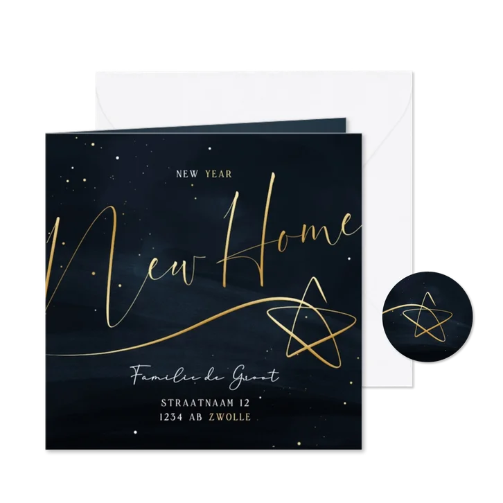 Stijlvolle kerst-verhuiskaart New Home met gouden ster