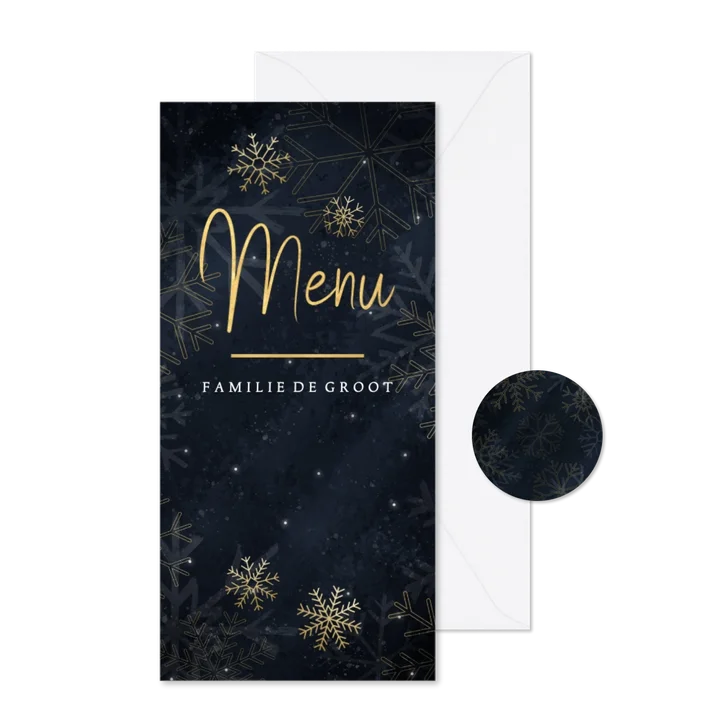 Stijlvolle kerstdiner menukaart met gouden sneeuwvlokken