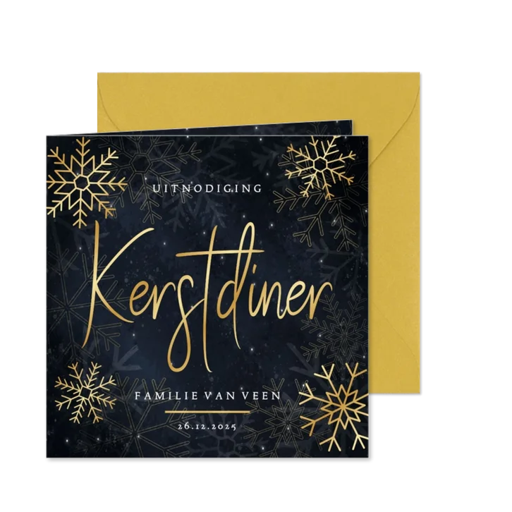 Stijlvolle kerstdiner uitnodiging gouden sneeuwvlokken