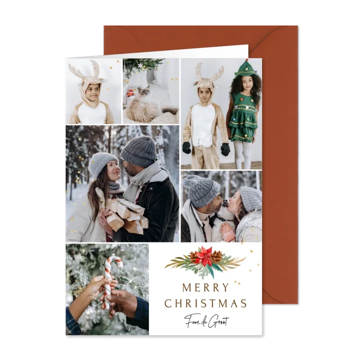 Stijlvolle kerstkaart fotocollage bladertakken watercolor