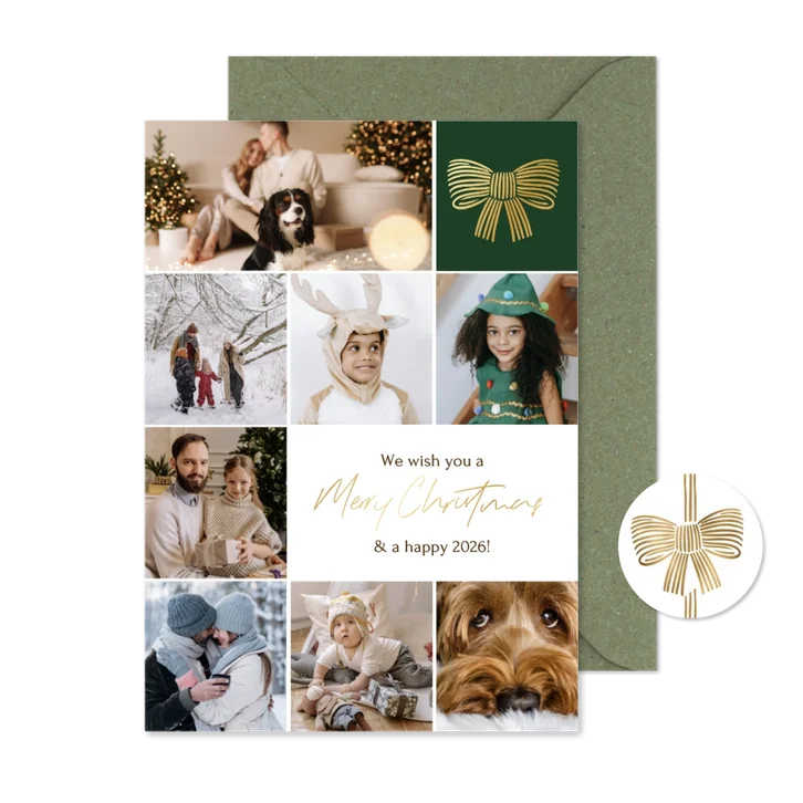Stijlvolle kerstkaart fotocollage minimalistisch strik goud