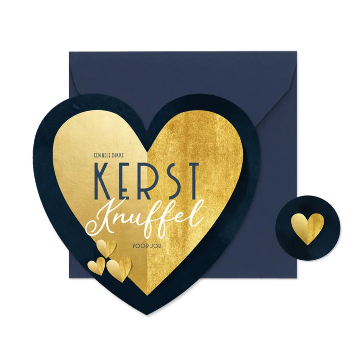 Stijlvolle kerstkaart kerstknuffel hartvorm goudlook blauw