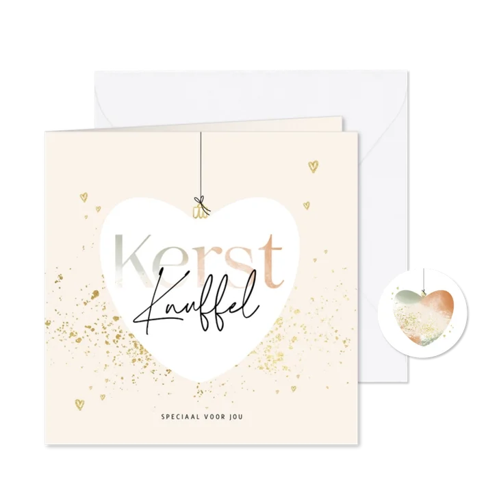 Stijlvolle kerstkaart kerstknuffel kerstbal hart goudlook