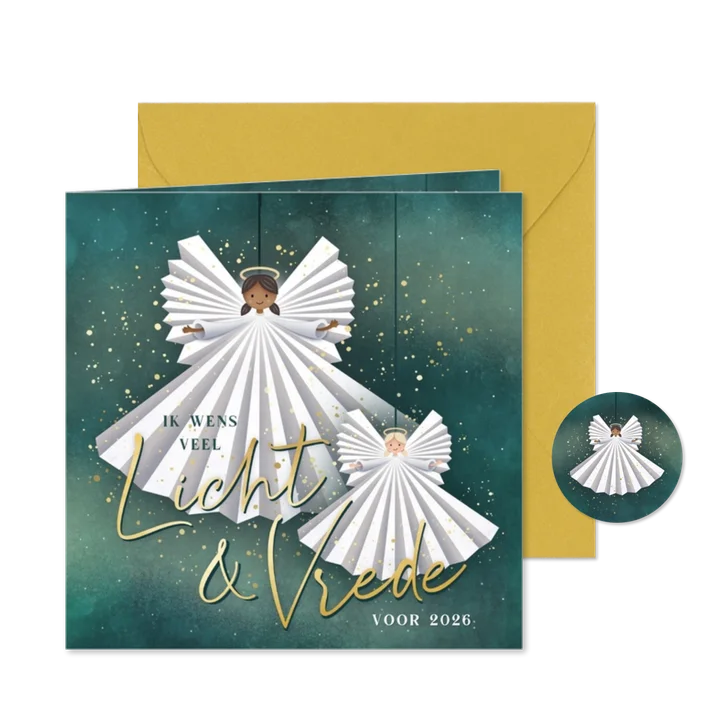 Stijlvolle kerstkaart licht & vrede met 2 lieve engeltjes