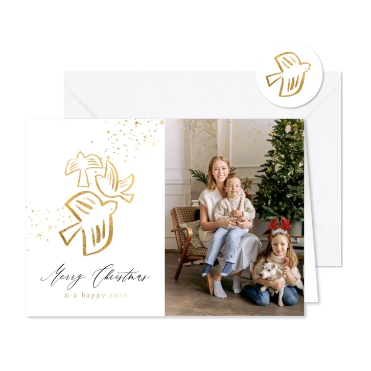 Stijlvolle kerstkaart lijnillustratie duif sterren goud foto