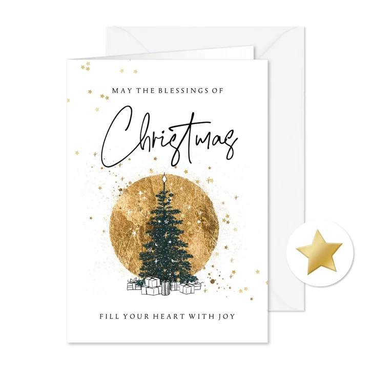 Stijlvolle kerstkaart met cirkel goudlook en kerstboom