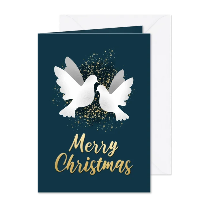 Stijlvolle kerstkaart met duifjes en gouden spetters