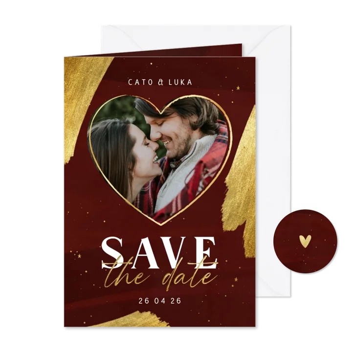 Stijlvolle kerstkaart met foto in hartje save the date