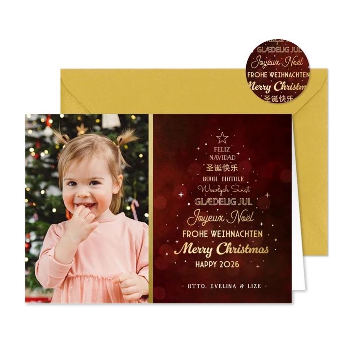Stijlvolle kerstkaart met kerstboom in talen en eigen foto