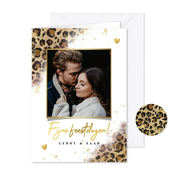 Stijlvolle kerstkaart panterprint, foto en fijne feestdagen