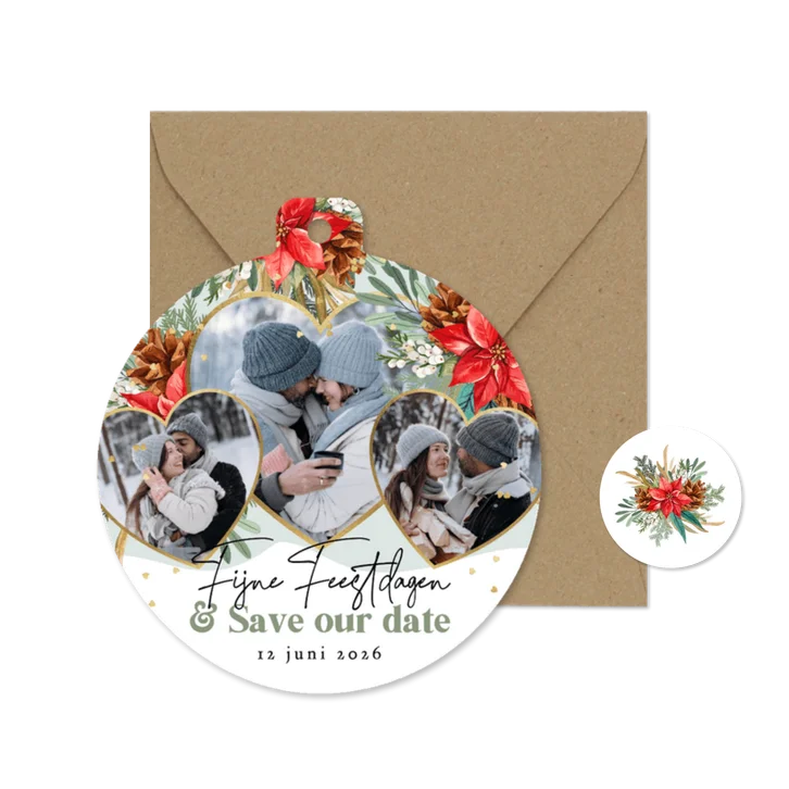 Stijlvolle kerstkaart save the date botanisch harten goud