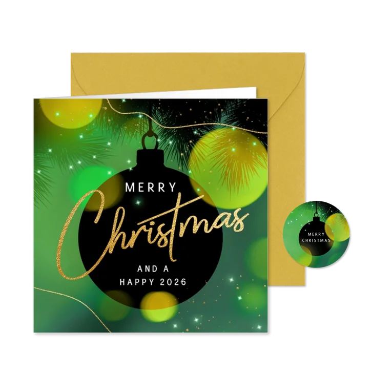 Stijlvolle kerstkaart sfeer kerstbal lichtjes groen