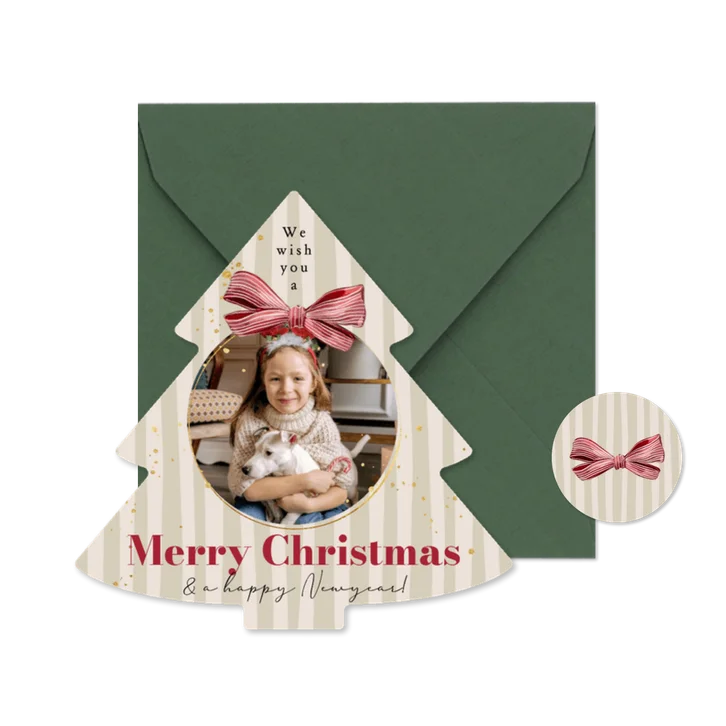 Stijlvolle kerstkaart strik watercolor kerstbal foto streep