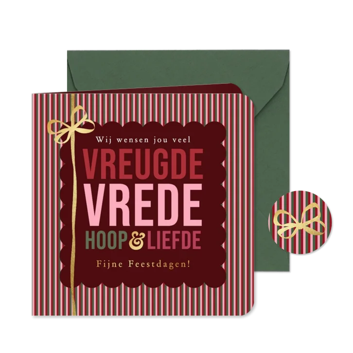 Stijlvolle kerstkaart vrede streep strik goud
