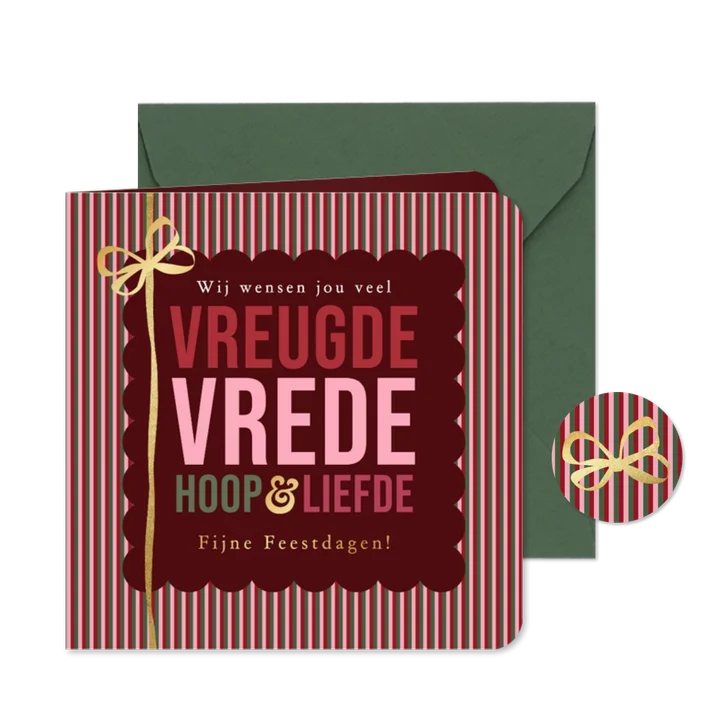 Stijlvolle kerstkaart vrede streep strik goud