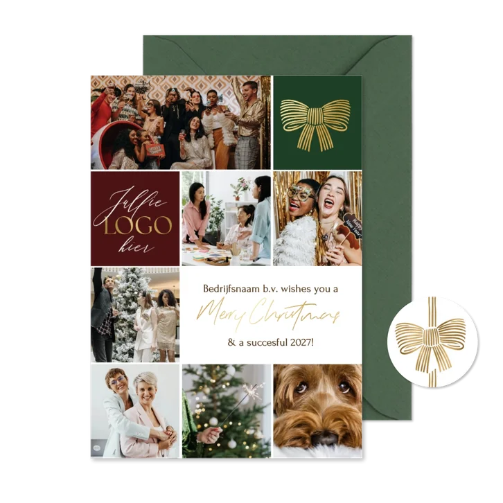 Stijlvolle kerstkaart zakelijk fotocollage strik goud logo