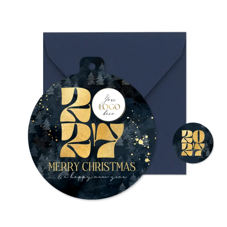 Stijlvolle kerstkaart zakelijk jaartal logo goud kerstbomen