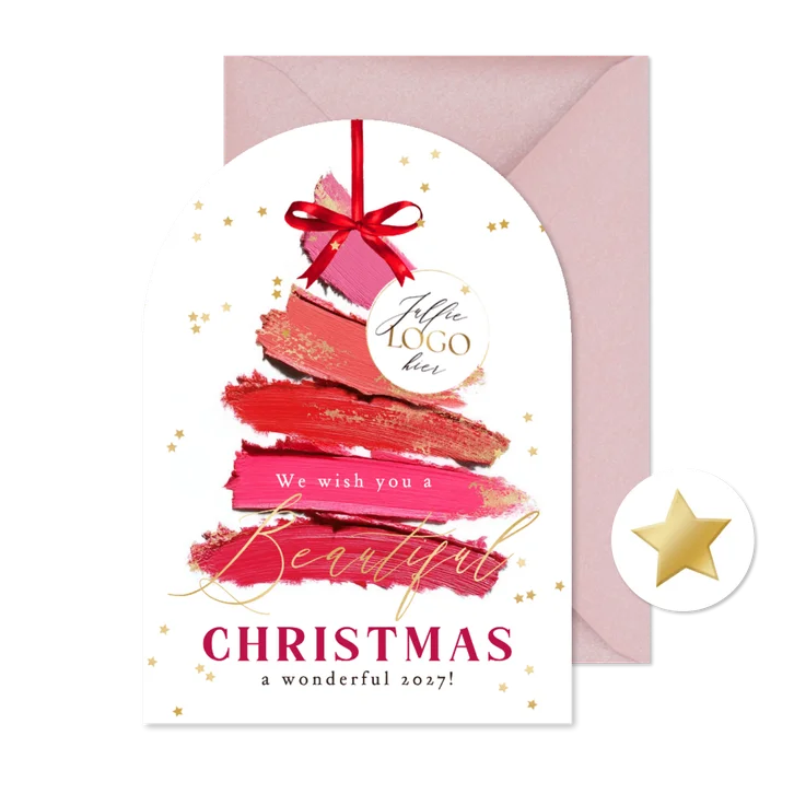 Stijlvolle kerstkaart zakelijk lipstick kerstboom goud ster