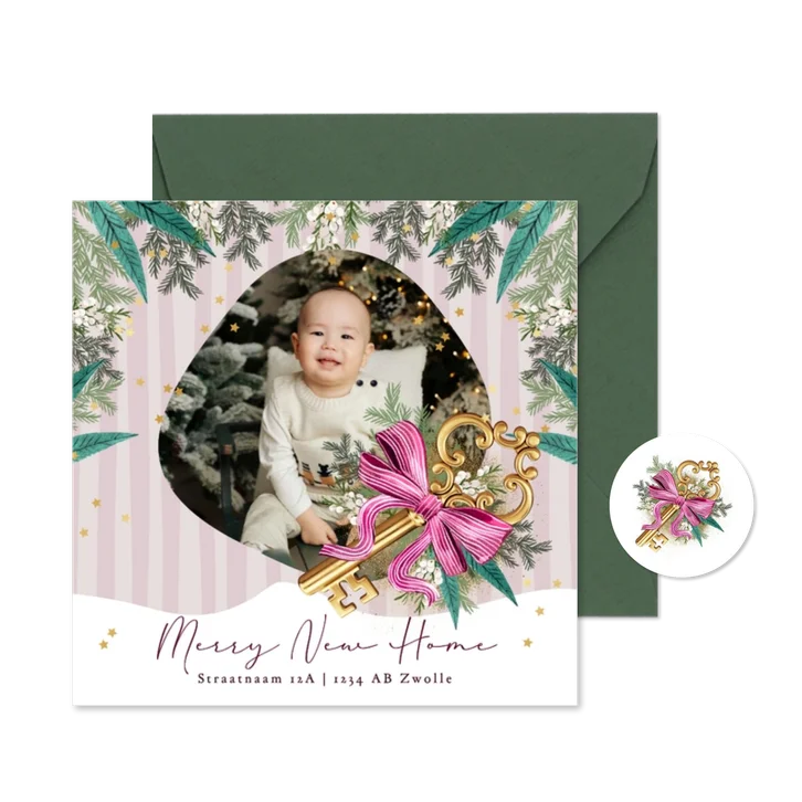 Stijlvolle kerstverhuiskaart botanische bladeren foto streep