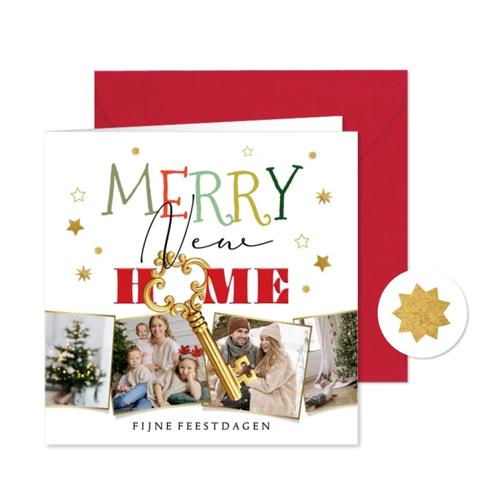 Stijlvolle kerstverhuiskaart collage Merry New Home sleutel 