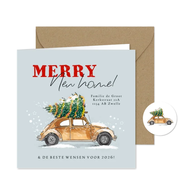 Stijlvolle kerstverhuiskaart illustratie auto kerstboom ster