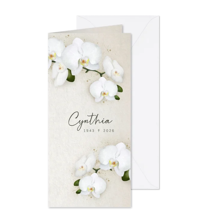 Stijlvolle klassieke langwerpige rouwkaart met orchideeƫn