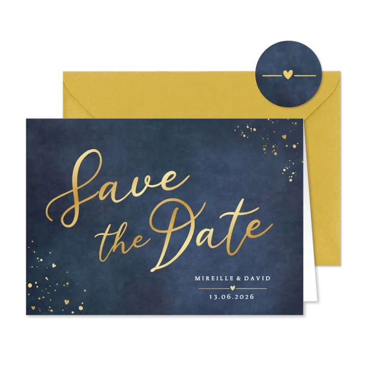 Stijlvolle klassieke Save the Date kaart met gouden letters