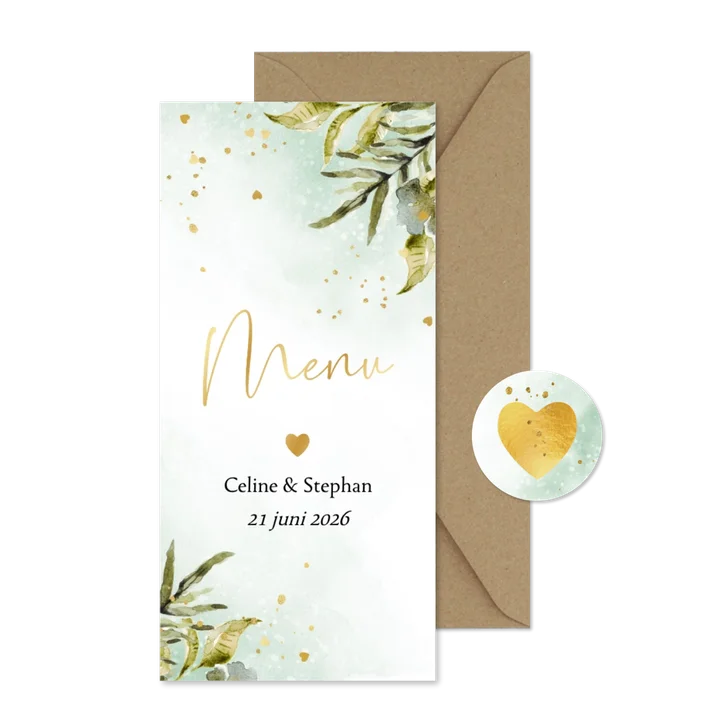 Stijlvolle menukaart botanische bladeren watercolor goud
