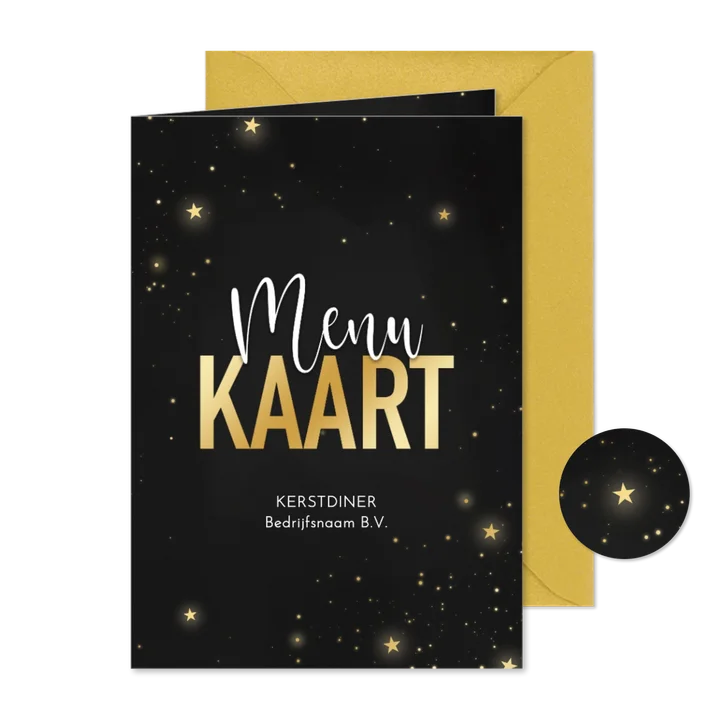 Stijlvolle menukaart kerstdiner zwart sterretjes goud 