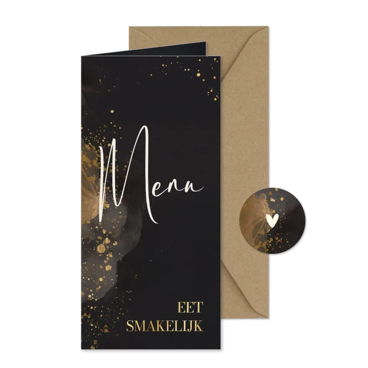 Stijlvolle menukaart trouwen goud donkergrijs waterverf