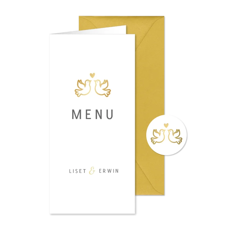 Stijlvolle menukaart voor een huwelijk met gouden duifjes