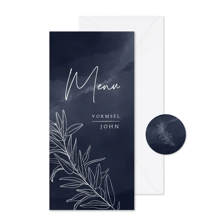 Stijlvolle menukaart vormsel donkerblauw waterverf takje