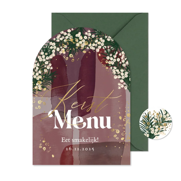 Stijlvolle menukaart watercolor kersttakken bubbels goud