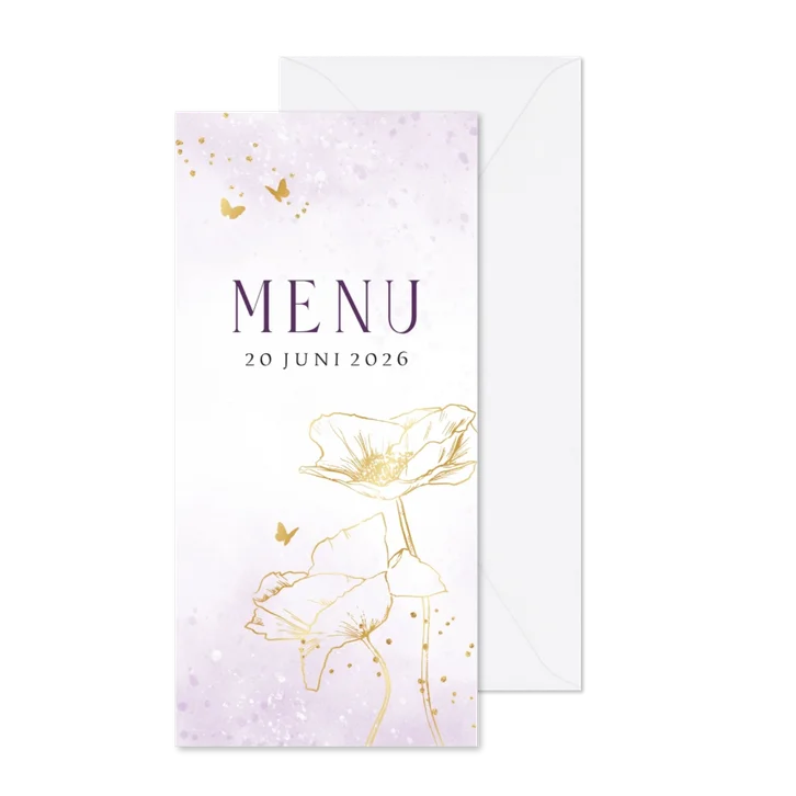 Stijlvolle menukaart waterverf lijnillustratie klaproos goud