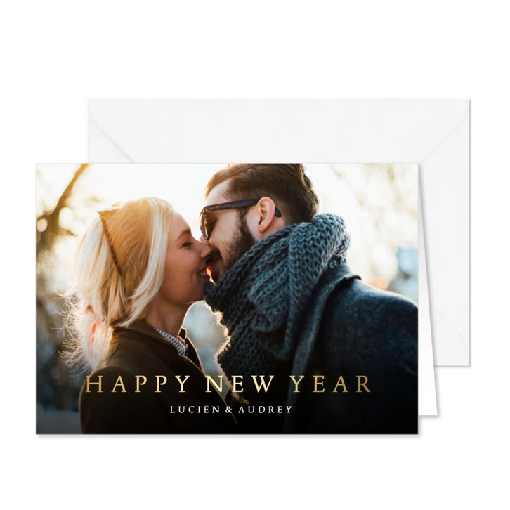Stijlvolle nieuwjaarskaart 1 grote foto en goudlook letters
