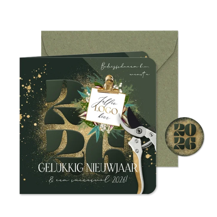 Stijlvolle nieuwjaarskaart botanisch groen jaartal goud