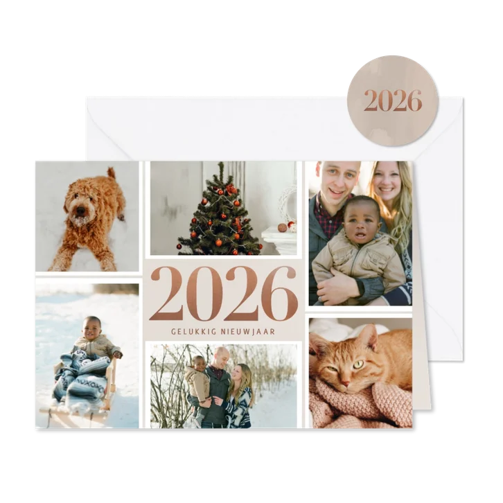 Stijlvolle nieuwjaarskaart bronzen 2026 en fotocollage