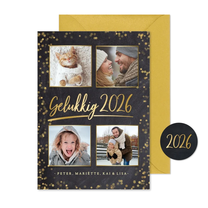 Stijlvolle nieuwjaarskaart fotocollage met 4 foto's en goud