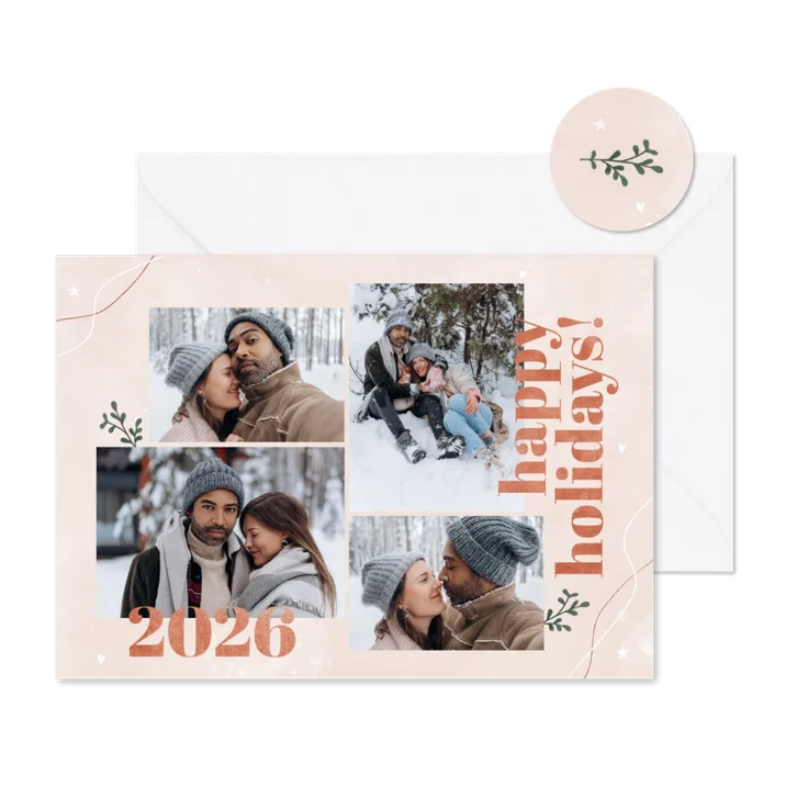 Stijlvolle nieuwjaarskaart Happy Holidays en 2026 koperlook