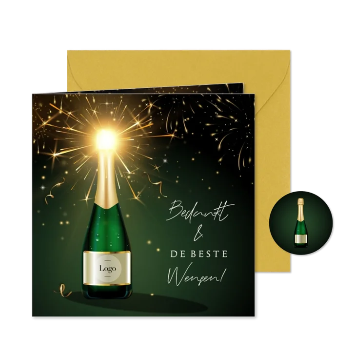 Stijlvolle nieuwjaarskaart zakelijk champagnefles met logo