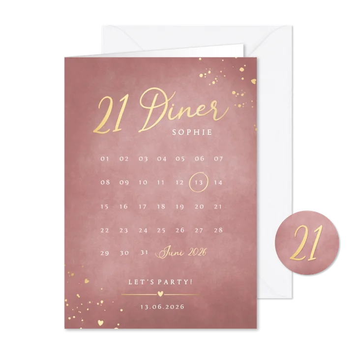 Stijlvolle oudroze 21 diner uitnodiging met kalender 