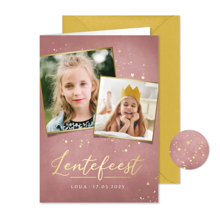 Stijlvolle oudroze uitnodiging lentefeest meisje met foto's