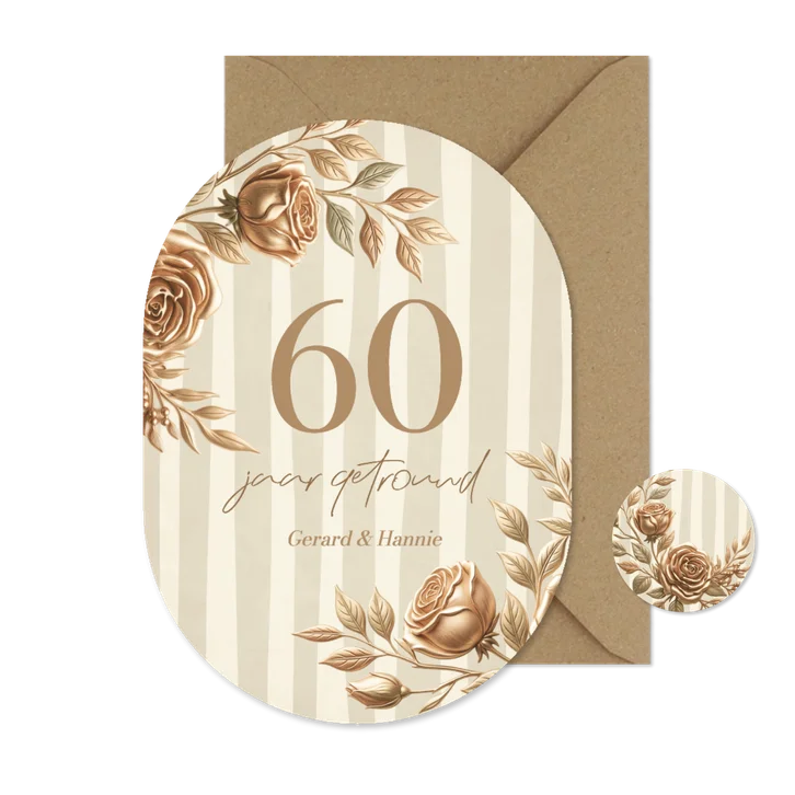 Stijlvolle ovaalvormige jubileumkaart bloemen en strepen
