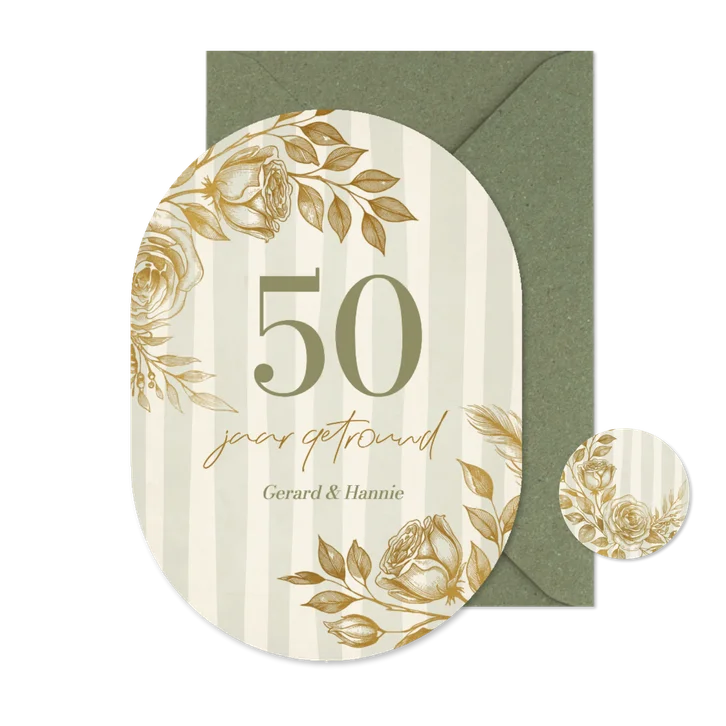 Stijlvolle ovale jubileumkaart met gouden bloemen en strepen