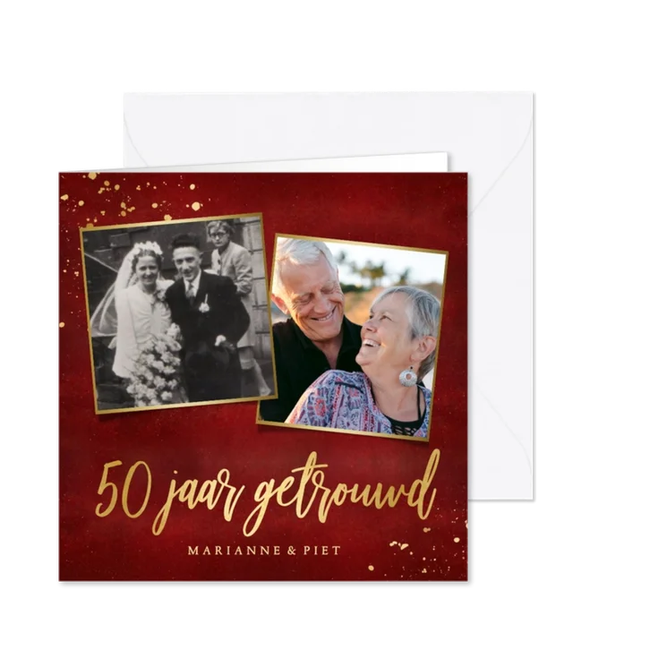 Stijlvolle rode uitnodigingskaart 50 jaar getrouwd met goud 